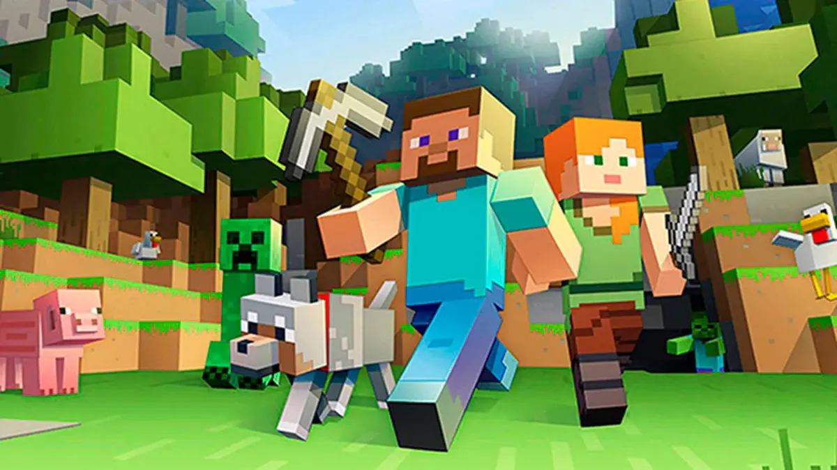 Steve, pioche à la main, et Alex courent dans une prairie de Minecraft avec un loup, un cochon et un creeper, illustration officielle