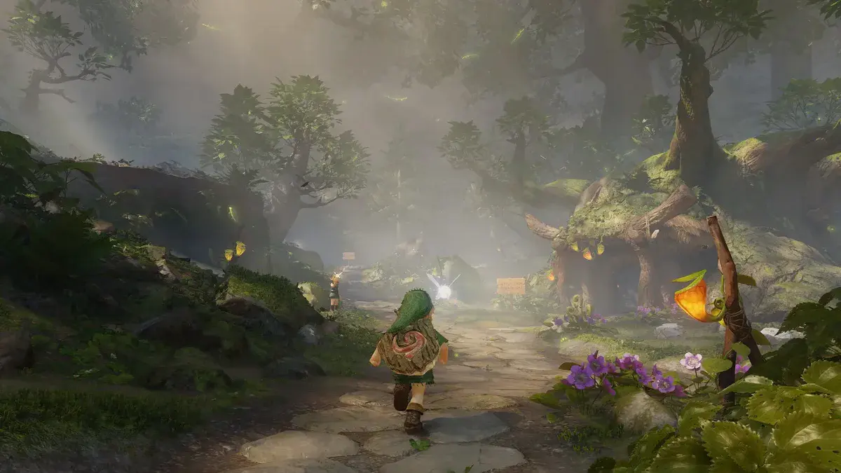 Link court sur un sentier de la forêt Kokiri baigné de lumière, dans le remake de Zelda: Ocarina of Time sur Switch 2