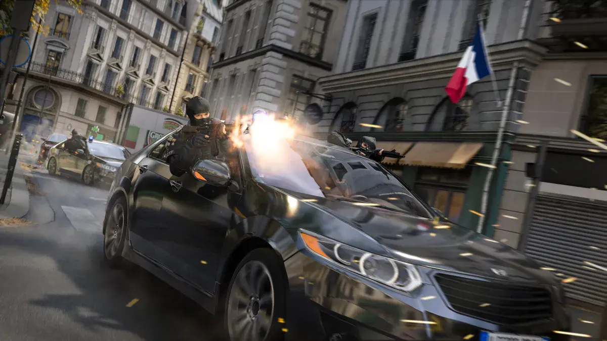Fusillade depuis une berline lancée dans une rue de Paris, dans la campagne de Call of Duty: Modern Warfare 4