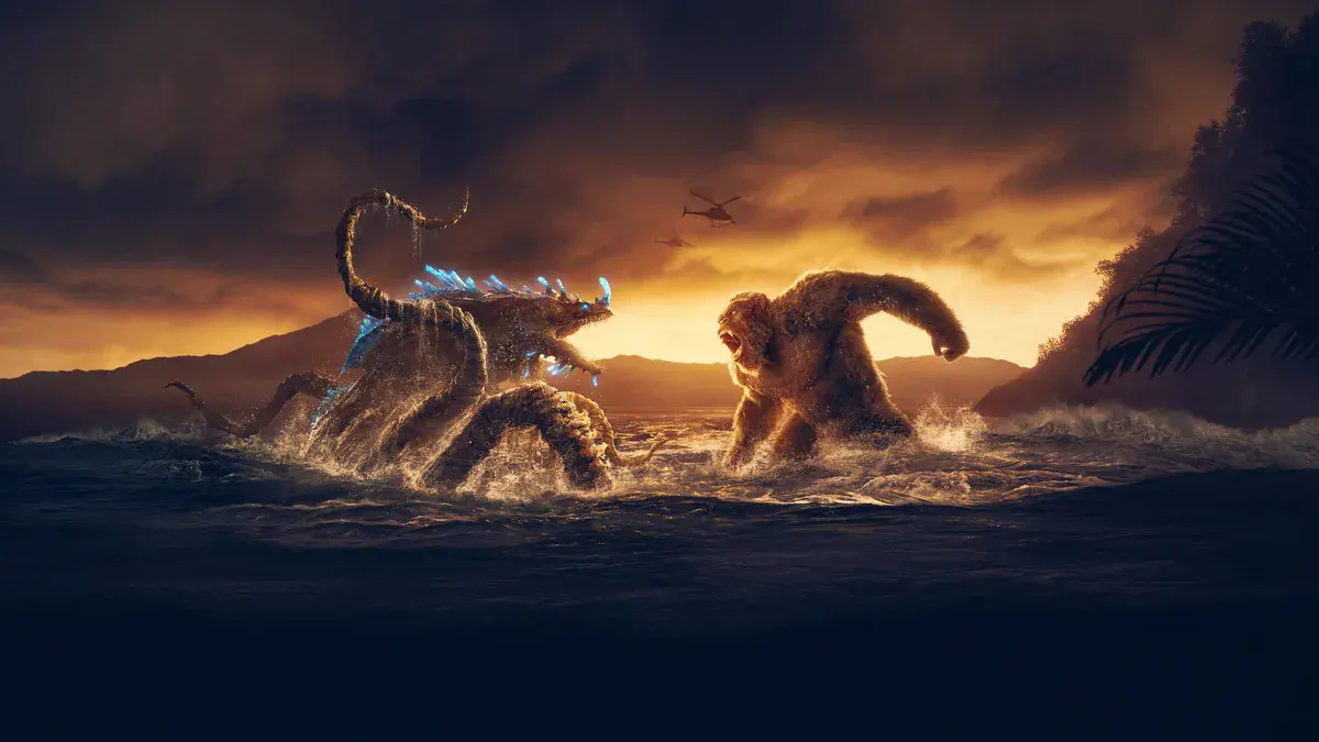 Kong affronte un Titan à tentacules dans la mer au coucher du soleil sur une image de la saison 2 de Monarch: Legacy of Monsters