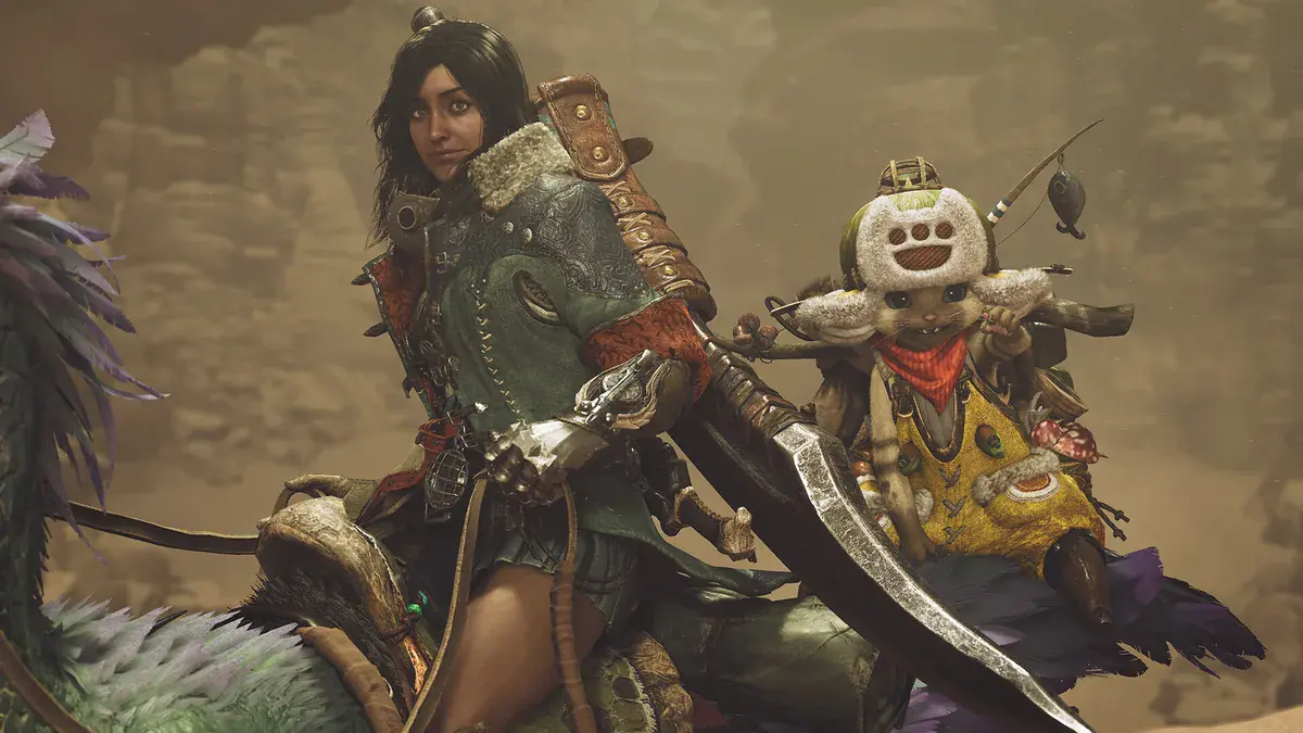 Une chasseuse et son Palico sur leur monture dans Monster Hunter Wilds