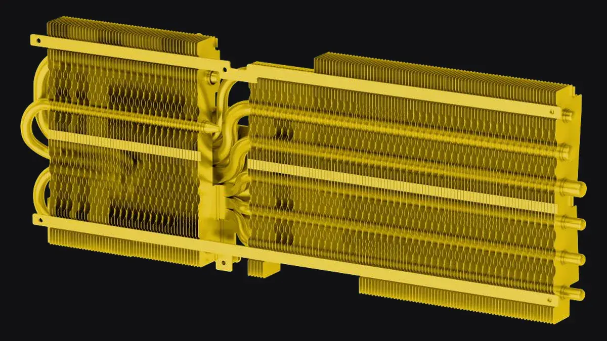 Le radiateur peint en jaune de la MSI GeForce RTX 5080 COD MW4 Edition OC, avec ses caloducs et ses ailettes