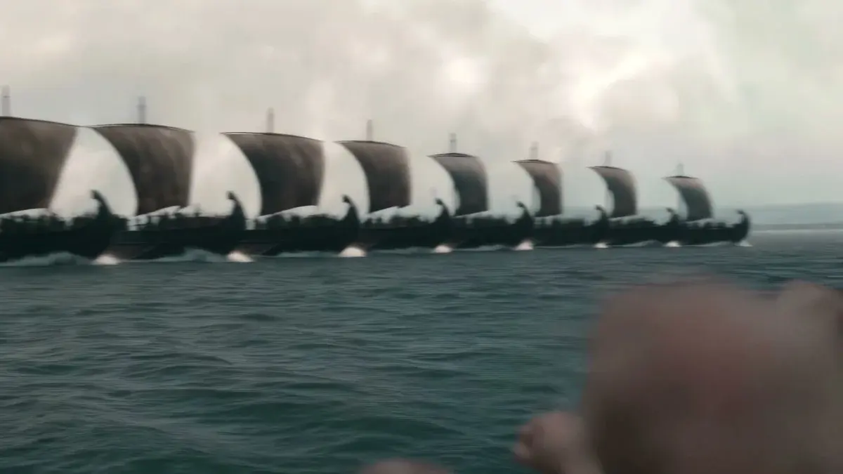 Image générée par IA (Grok Imagine) : une rangée de navires grecs aux voiles identiques, alignés comme des copies, dans le premier épisode de L'Odyssée de Wonder Studios