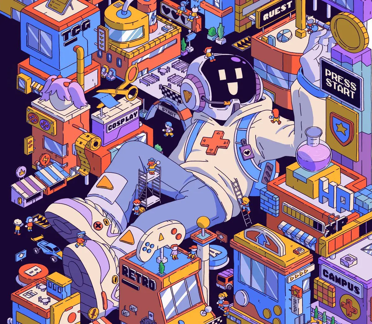 Illustration officielle de la Paris Games Week 2026, avec sa mascotte robot géante allongée au milieu de bâtiments consacrés au rétrogaming, au cosplay et aux cartes à collectionner