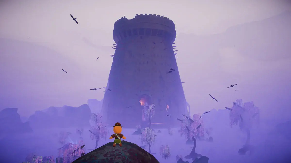 Un scout devant la tour de la Citadelle dans PEAK, entourée de brume violette et d'oiseaux