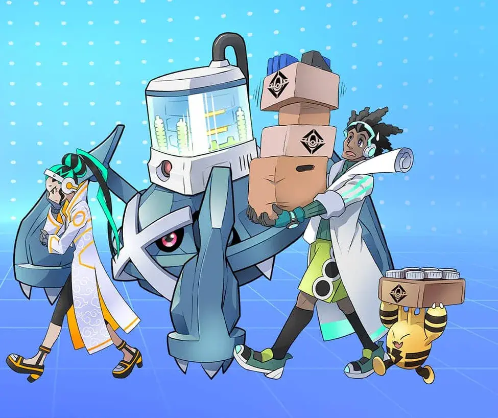 Illustration officielle de Pokémon Unite avec Métalosse, Élekid et deux chercheurs chargés de cartons