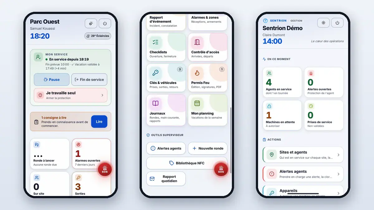 Application Sentrion Agent : accueil de l'agent en service, outils du superviseur et accueil du responsable avec agents en service et alertes ouvertes