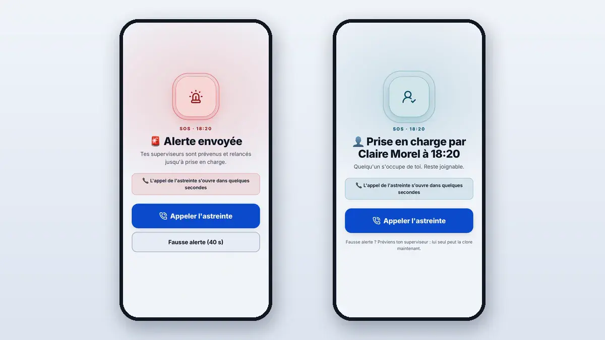 Protection de l'agent dans l'application : alerte SOS envoyée avec appel de l'astreinte, puis alerte prise en charge par une superviseure