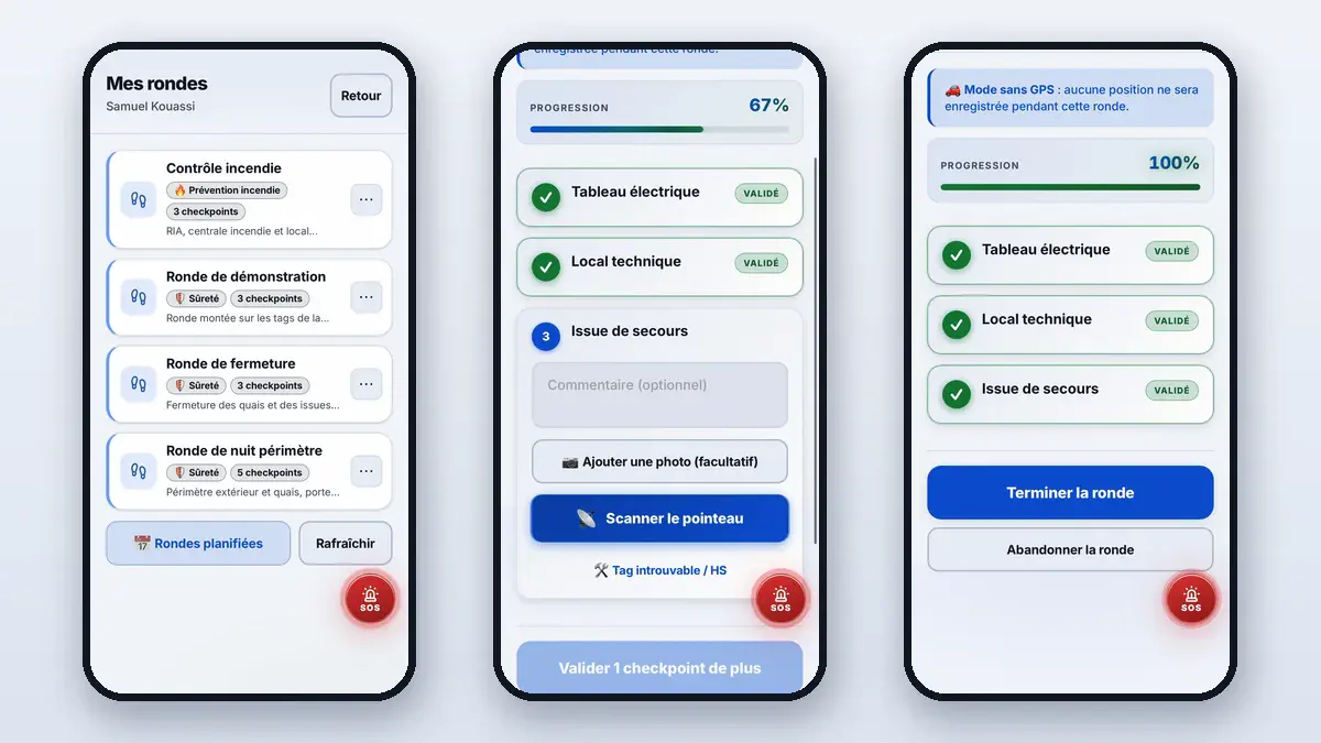 Rondes dans l'application Sentrion Agent : liste des rondes du site, ronde en cours avec deux points validés au tag NFC, ronde terminée prête à être close
