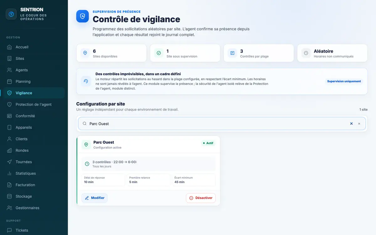 Page Contrôle de vigilance du panel : un site sous supervision, trois contrôles entre 22 h et 6 h, délai de réponse et relance