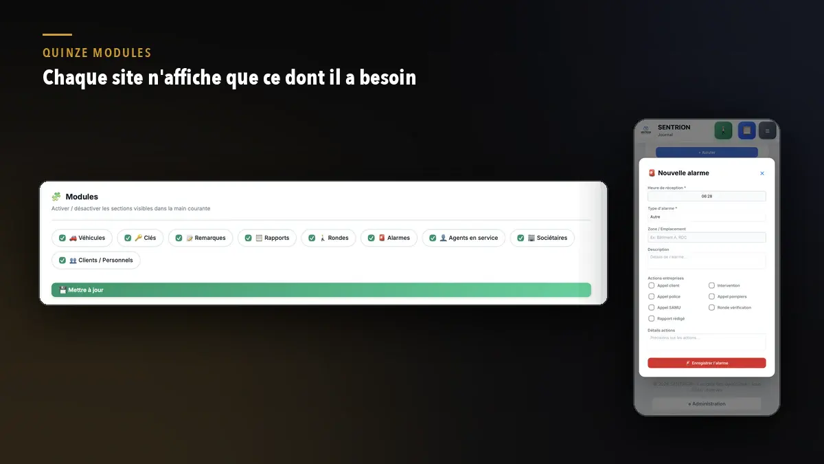 Activation des modules main courante site par site et saisie d'une nouvelle alarme avec actions entreprises