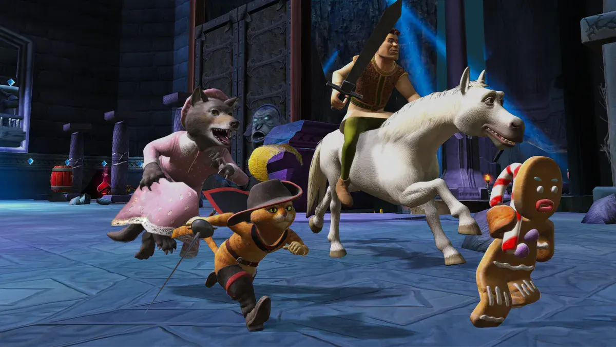 Shrek 2 Remastered : le Chat Potté, Ti-Biscuit et le Grand Méchant Loup courent devant Shrek devenu humain, monté sur l'Âne transformé en étalon blanc
