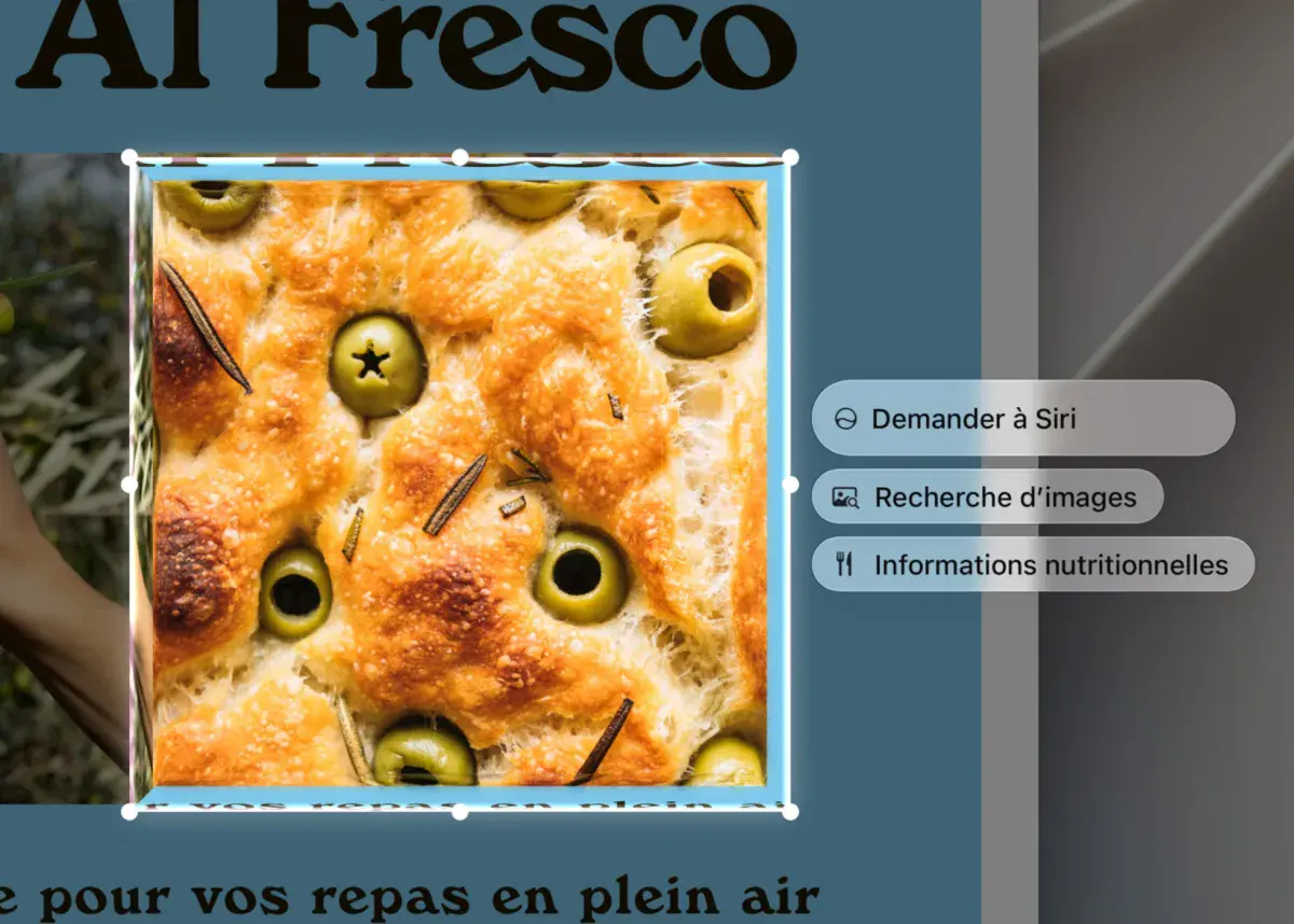 L'Intelligence visuelle de Siri AI sur Mac, avec le bouton Demander à Siri à côté d'une photo de focaccia sélectionnée