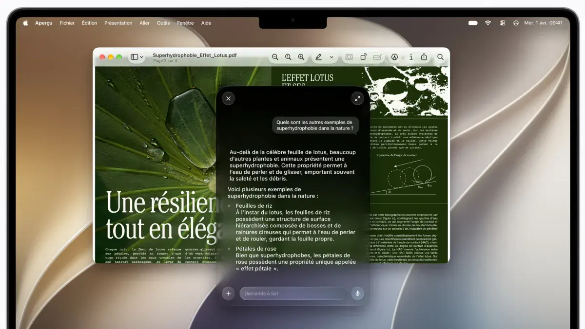 Siri AI en français sur Mac, une conversation ouverte au-dessus d'un document PDF dans Aperçu