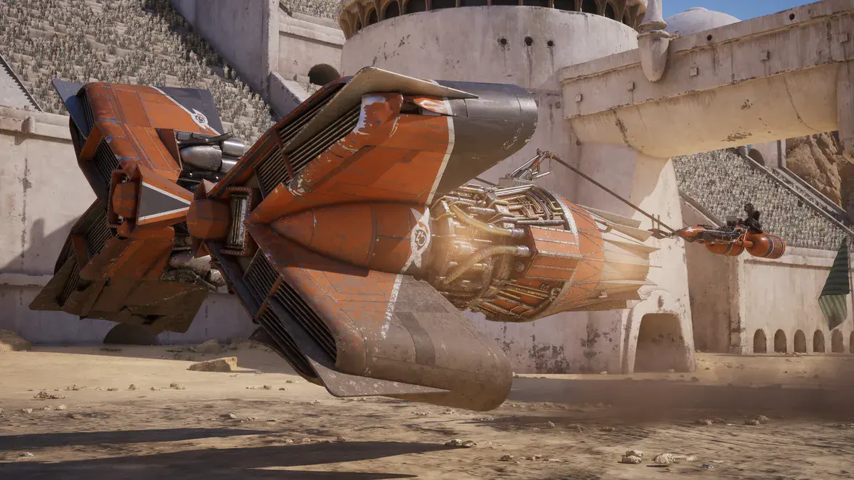Le module de course orange de Sebulba en lévitation devant les tribunes bondées d'une arène de Tatooine, dans Star Wars: Galactic Racer