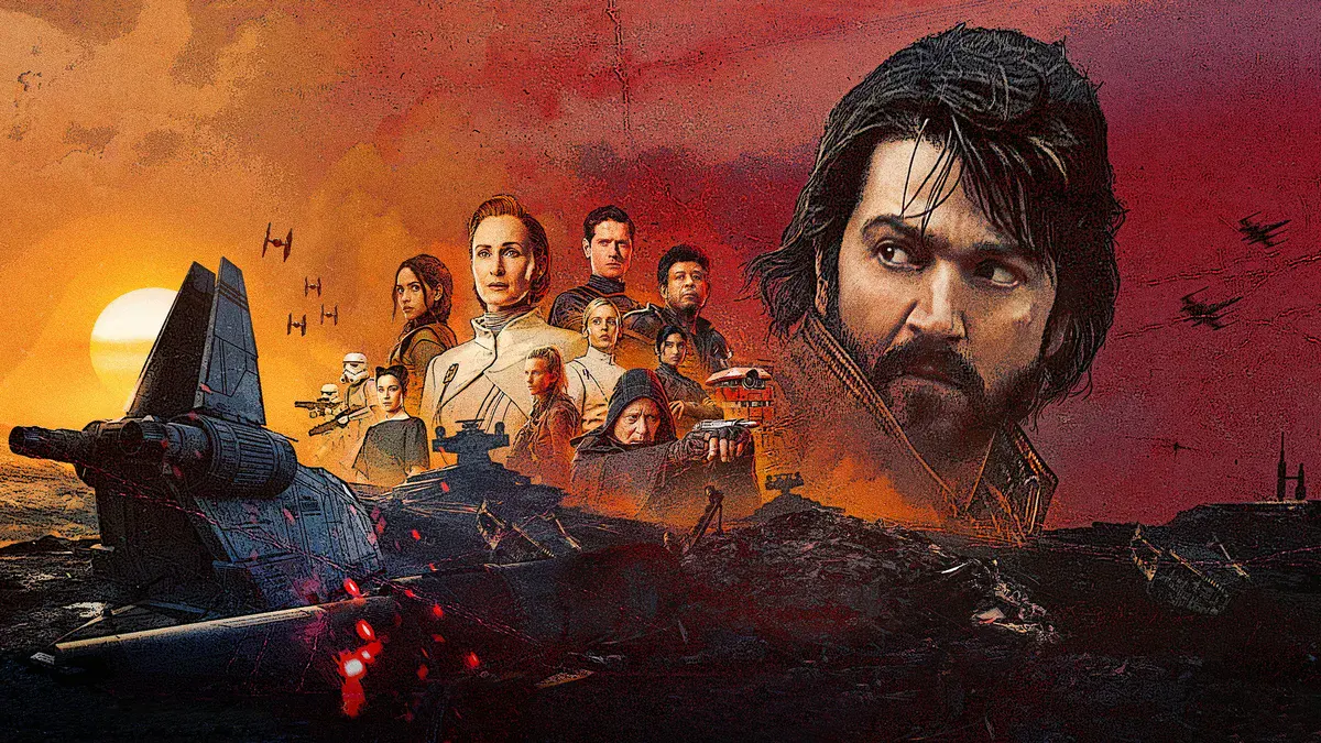 Cassian Andor, joué par Diego Luna, au premier plan d'une affiche de la série Andor sur Disney+, entouré des autres personnages devant un ciel rouge