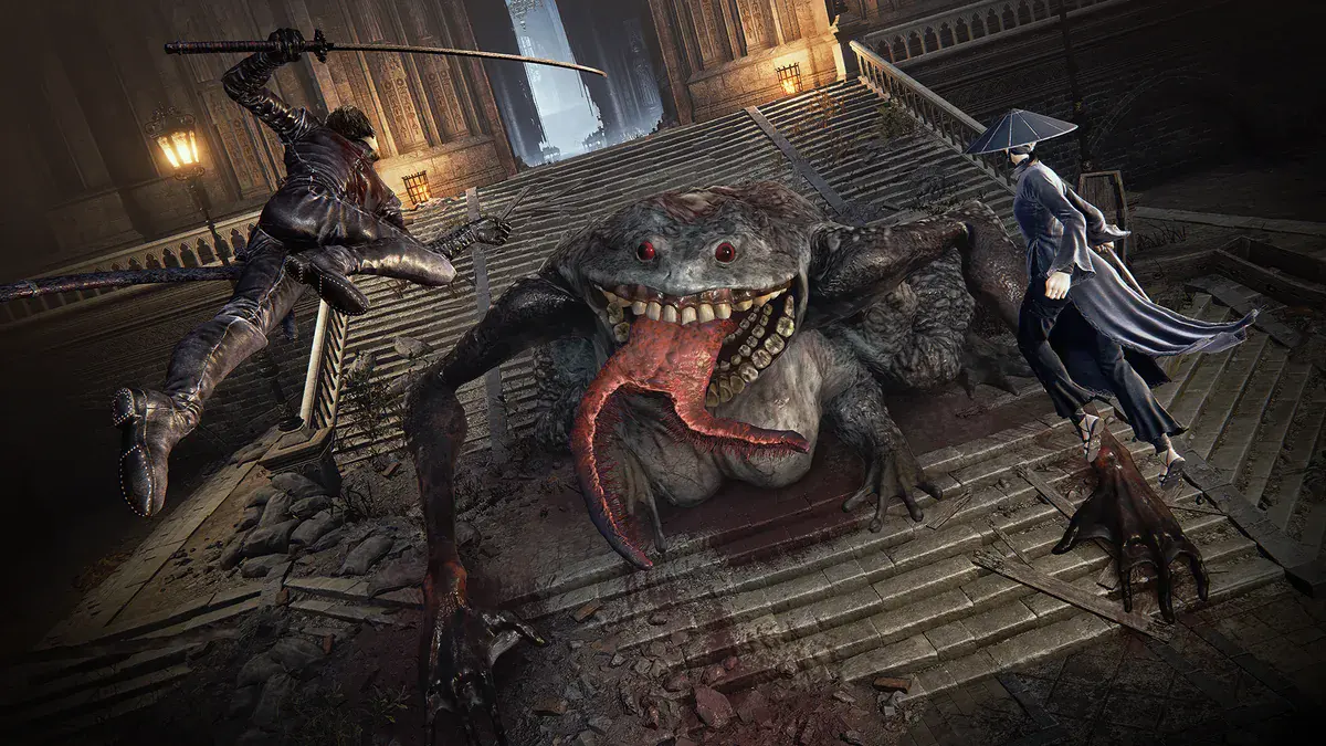 The Duskbloods : deux Bloodsworn, l'un au katana, l'autre coiffé d'un chapeau conique, attaquent une créature géante sur un escalier gothique