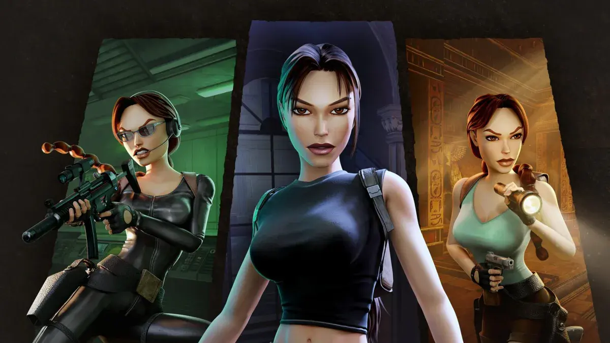Trois versions de Lara Croft, armée d'un pistolet-mitrailleur, de deux pistolets et d'une lampe torche, dans Tomb Raider IV-VI Remastered