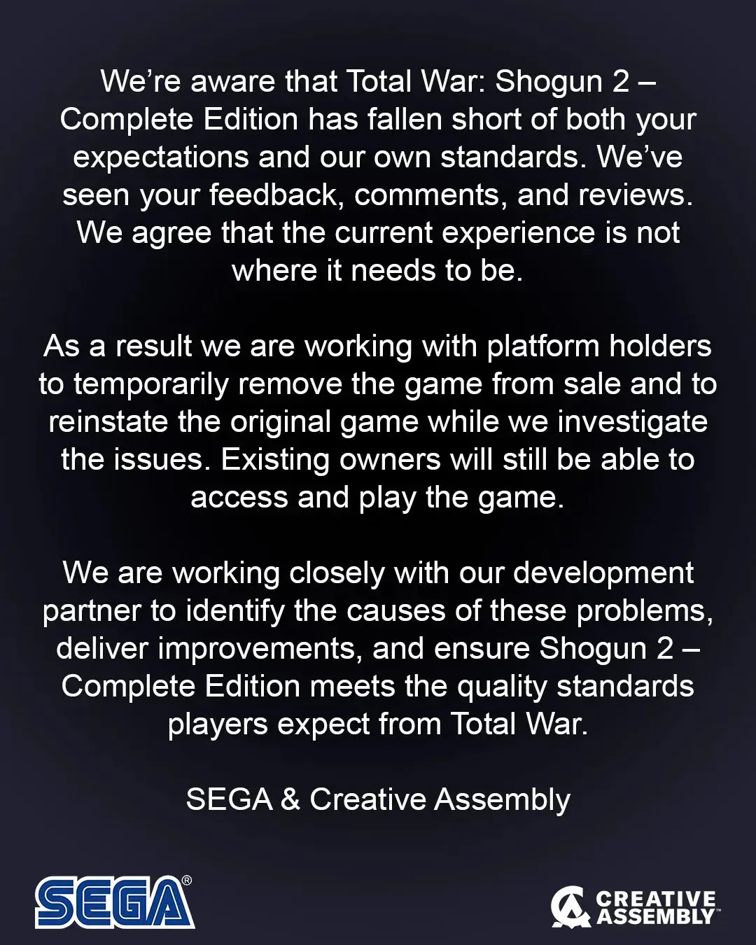 SEGA - The Creative Assembly -Lettre D'excuse Definitive Edition