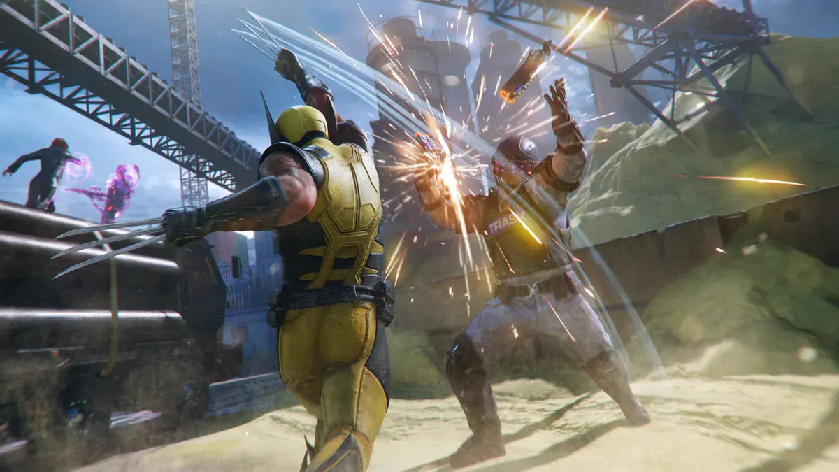 Wolverine en costume jaune, griffes sorties, frappe un soldat sous une pluie d'étincelles près d'une raffinerie dans une capture de Marvel's Wolverine