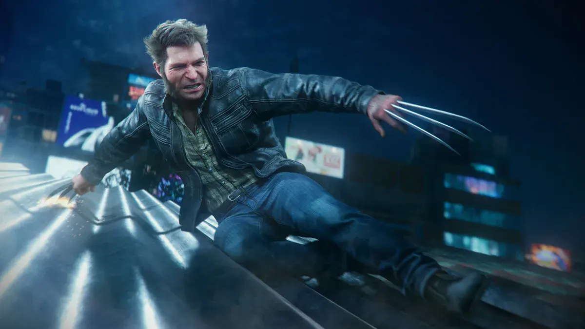 Logan en blouson de cuir, griffes sorties, glisse sur un toit de Tokyo la nuit dans une capture de Marvel's Wolverine
