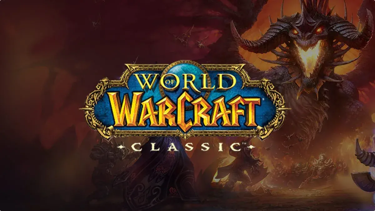 Logo World of Warcraft Classic devant un dragon noir aux yeux rouges crachant du feu, entouré de guerriers