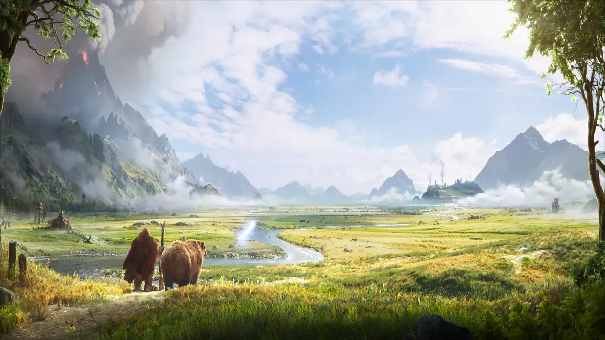 Illustration de World of Warcraft présentée à la BlizzCon 2026 : un nain accompagné d'un ours contemple une vaste plaine traversée par une rivière, entre des montagnes et un volcan