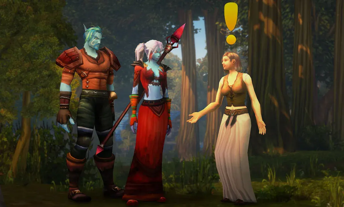Deux aventuriers à la peau bleue écoutent une villageoise humaine qui leur confie une quête en forêt dans World of Warcraft: Forever