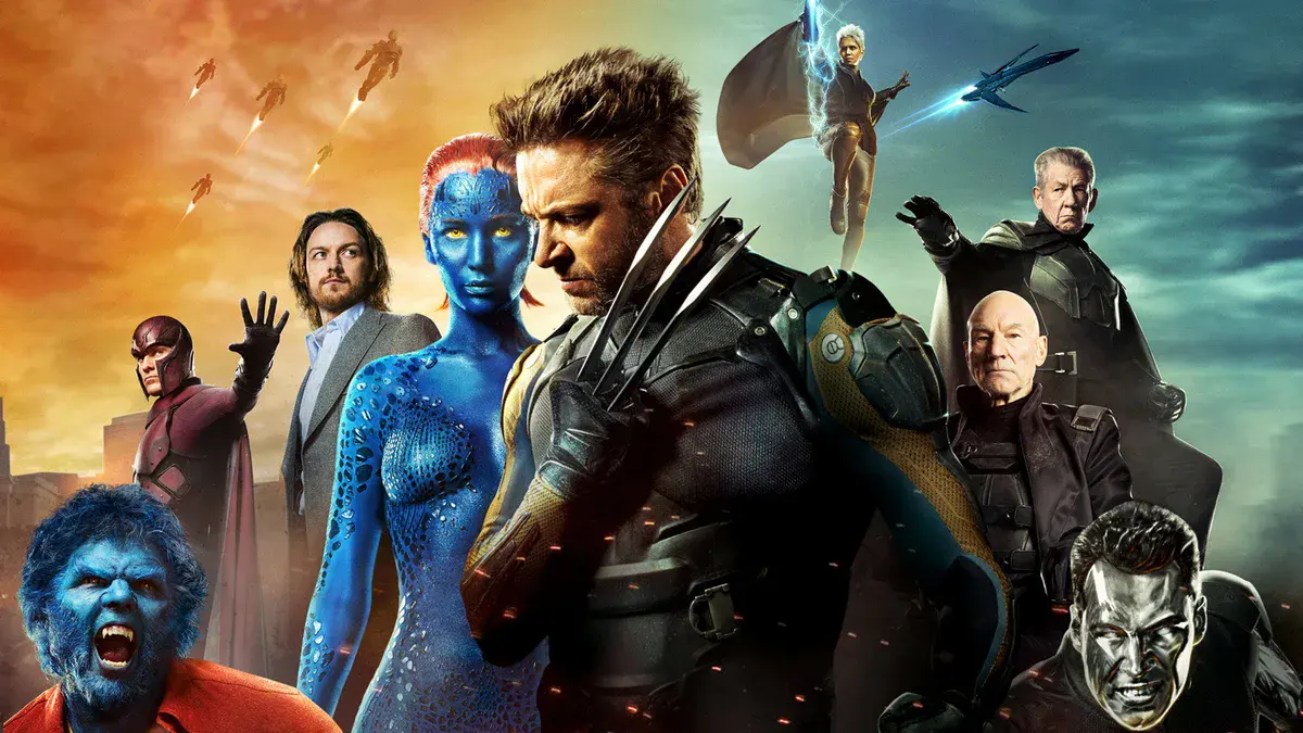 Patrick Stewart en Charles Xavier, à droite, aux côtés de Hugh Jackman, Jennifer Lawrence et James McAvoy sur un visuel de X-Men : Days of Future Past