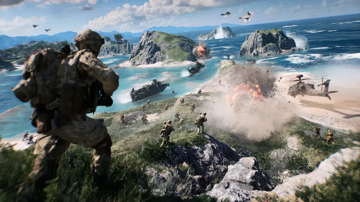 Des soldats prennent d'assaut une île pendant que des embarcations et un hélicoptère approchent de la plage, capture officielle de Battlefield 6