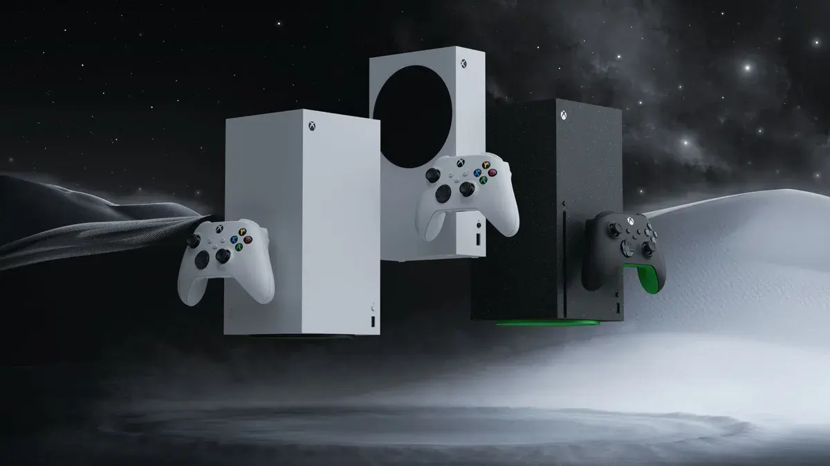 Xbox Series X Digital Edition blanche, Xbox Series S blanche et Xbox Series X Galaxy Black à lecteur de disque, chacune avec sa manette