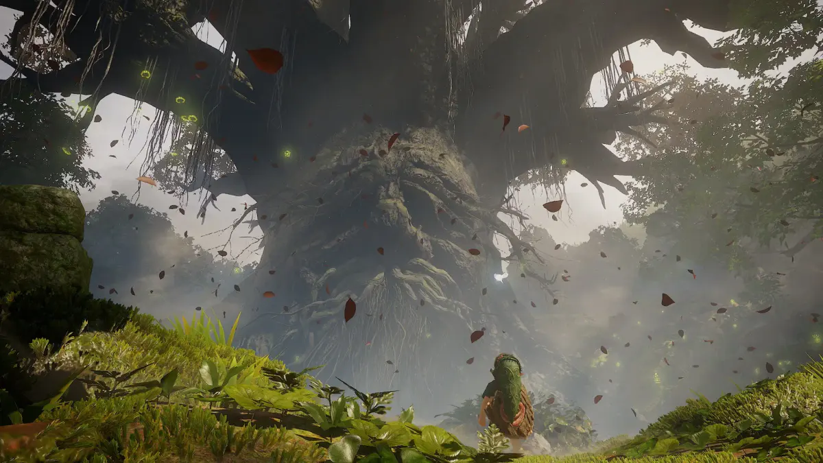 Link de dos face aux racines géantes du Vénérable Arbre Mojo, sous une pluie de feuilles, dans le remake de Zelda: Ocarina of Time