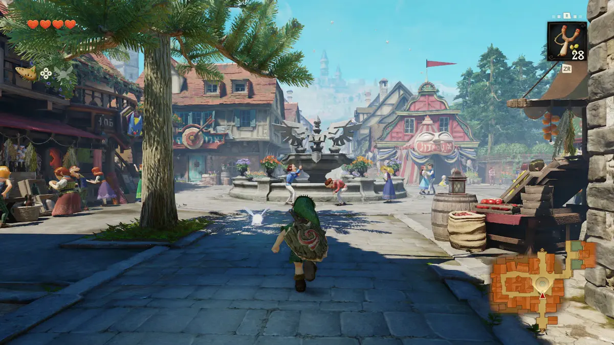 Link traverse la place du marché du Bourg d'Hyrule, interface de jeu visible, dans le remake de Zelda: Ocarina of Time