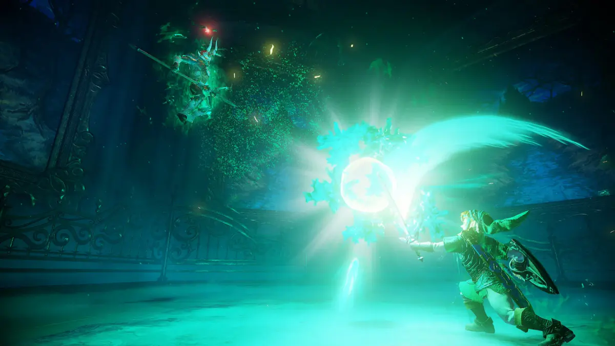 Link adulte déclenche une attaque tournoyante bleu-vert contre un spectre dans une salle sombre, dans le remake de Zelda: Ocarina of Time