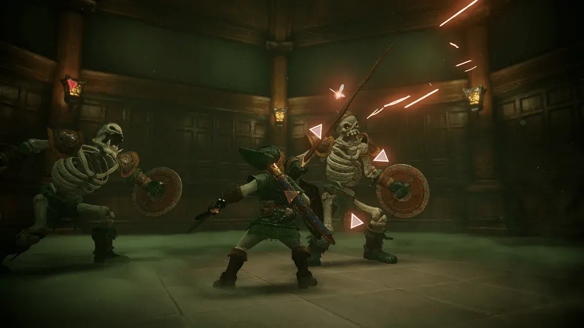 Link adulte affronte deux Stalfos armés d'épées et de boucliers, marqueurs de ciblage autour de l'ennemi, dans le remake de Zelda: Ocarina of Time sur Switch 2