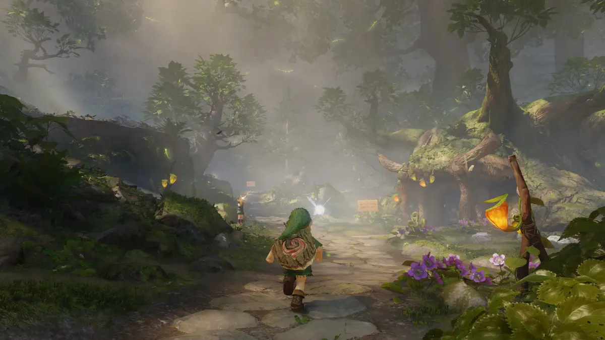 Link court sur un sentier de la forêt Kokiri baigné de lumière, dans le remake de Zelda: Ocarina of Time