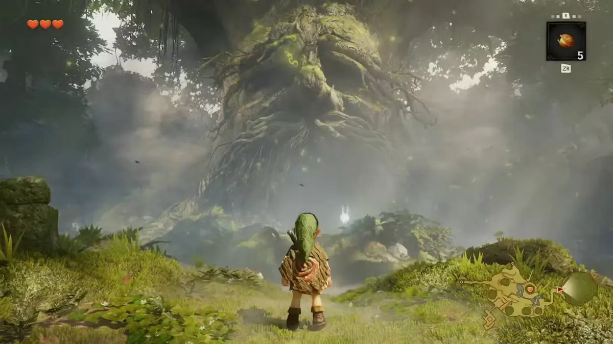 Link enfant face au Vénérable Arbre Mojo dans la forêt Kokiri, interface de jeu visible, dans le remake de Zelda: Ocarina of Time