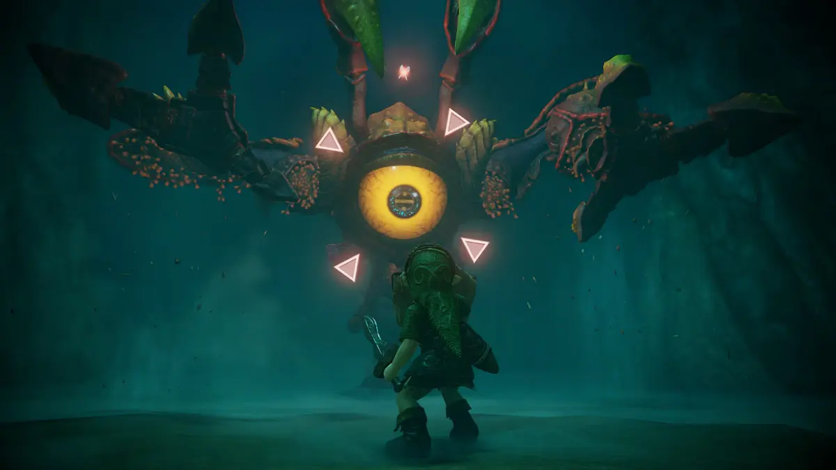 Link enfant face à la Reine Gohma, araignée géante à l'œil unique, dans l'Arbre Mojo du remake de Zelda: Ocarina of Time