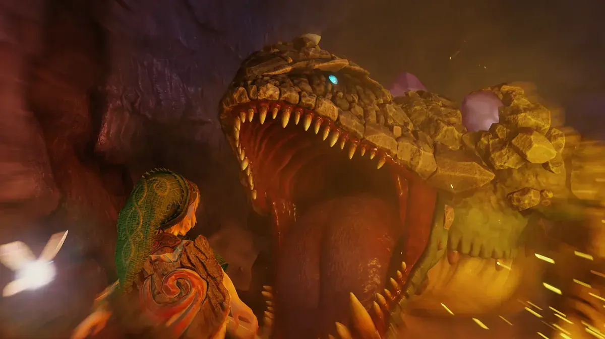Link enfant, Navi à ses côtés, face à la gueule grande ouverte du Roi Dodongo dans la Caverne Dodongo, dans le remake de Zelda: Ocarina of Time sur Switch 2