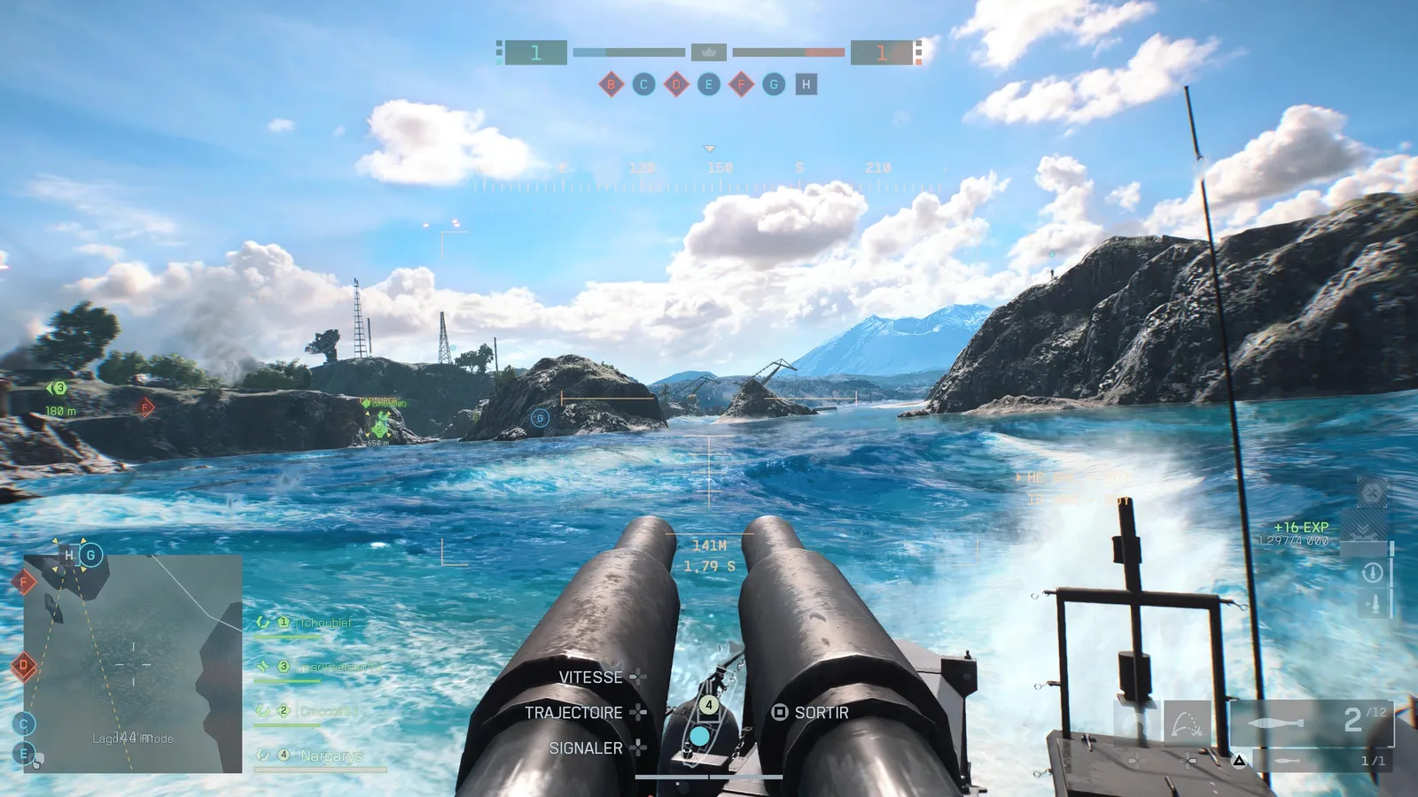 Visée depuis les canons jumelés du RCB-90 dans Battlefield 6, l'interface affiche 141 mètres de distance et 1,79 seconde de temps de vol