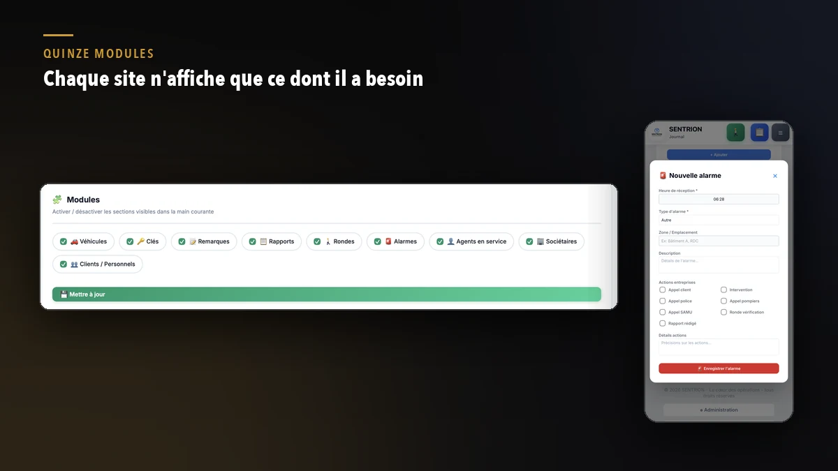 Activation des modules main courante site par site et saisie d'une nouvelle alarme avec actions entreprises