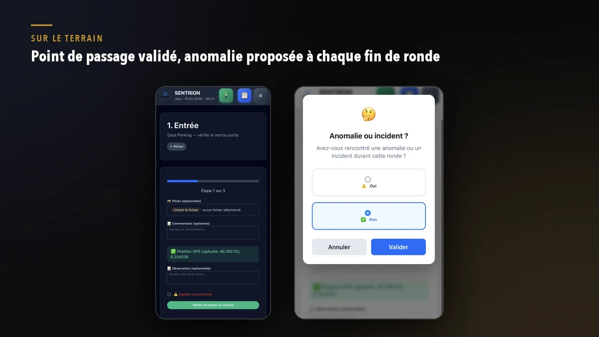 Validation d'un point de passage avec position GPS capturée, puis question anomalie ou incident en fin de ronde