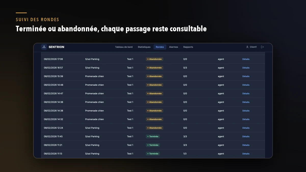 Suivi des rondes dans le portail client : statuts terminée ou abandonnée et points de passage validés